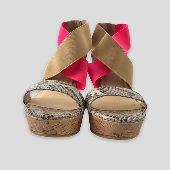 CL by Laundry 8 Platform Wedge‎ Sandal Multi Tone Elastic Strappy Pink Snakeskin - Picture 3 of 8